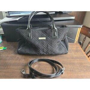 VERA BRADLEY Black Quilted Microfiber Medium Tote Shoulder Bag Leather Straps